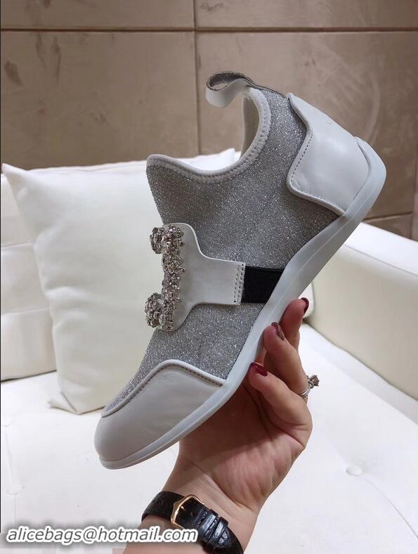 Chic Design Roger Vivier Sporty Viv' Flower Strass Rivets Buckle Sneakers R8403 Glitter Silver 2018