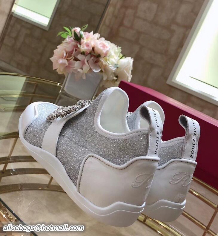 Chic Design Roger Vivier Sporty Viv' Flower Strass Rivets Buckle Sneakers R8403 Glitter Silver 2018