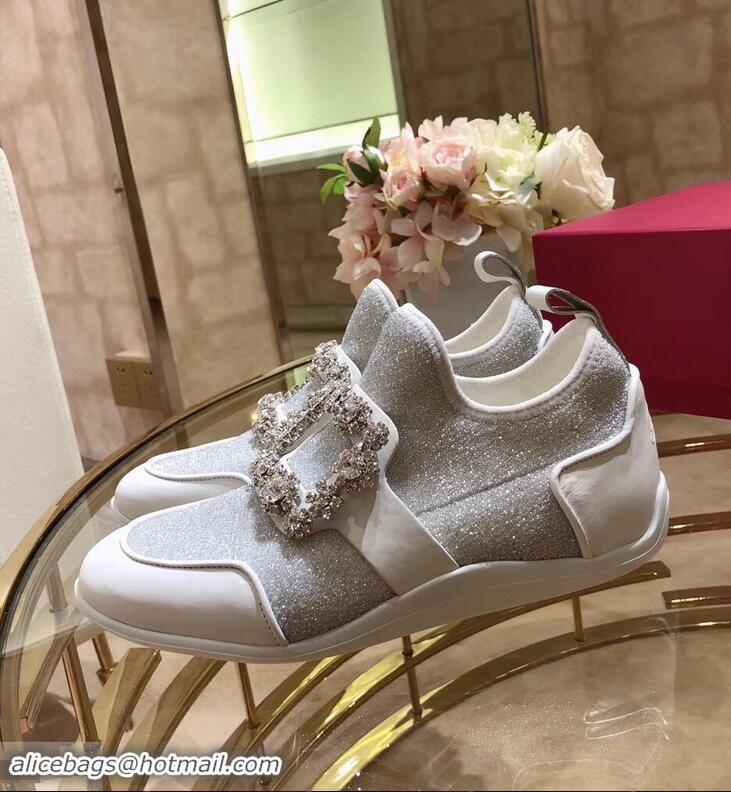 Chic Design Roger Vivier Sporty Viv' Flower Strass Rivets Buckle Sneakers R8403 Glitter Silver 2018