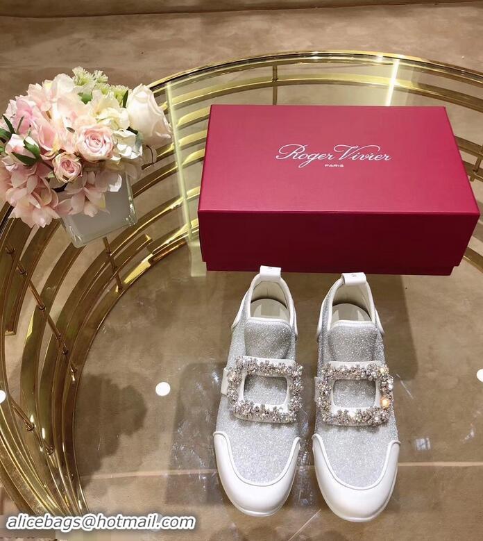 Chic Design Roger Vivier Sporty Viv' Flower Strass Rivets Buckle Sneakers R8403 Glitter Silver 2018