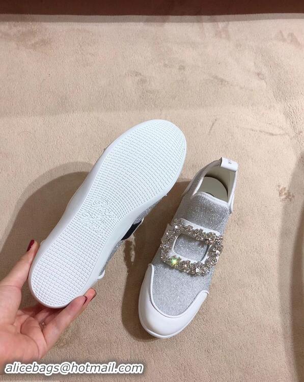 Chic Design Roger Vivier Sporty Viv' Flower Strass Rivets Buckle Sneakers R8403 Glitter Silver 2018