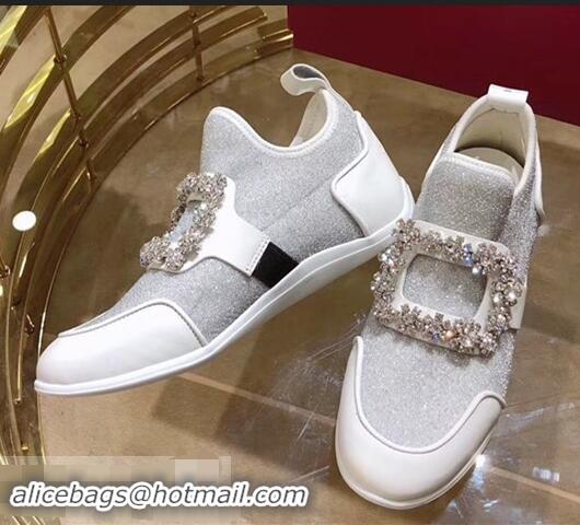 Chic Design Roger Vivier Sporty Viv' Flower Strass Rivets Buckle Sneakers R8403 Glitter Silver 2018