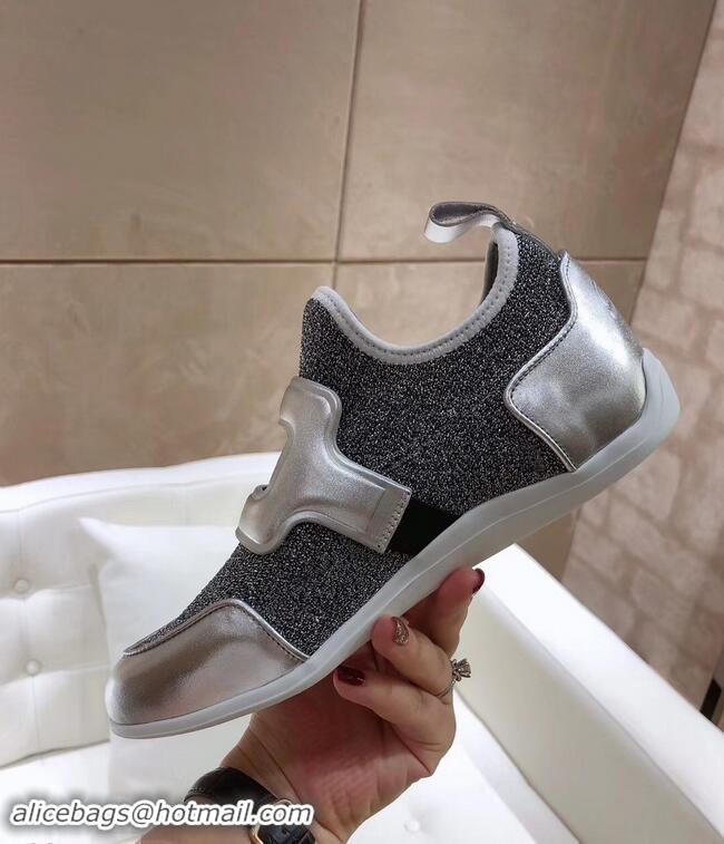 Discount Roger Vivier Sporty Viv' Leather Buckle Sneakers R8407 Glitter Silver Gray 2018