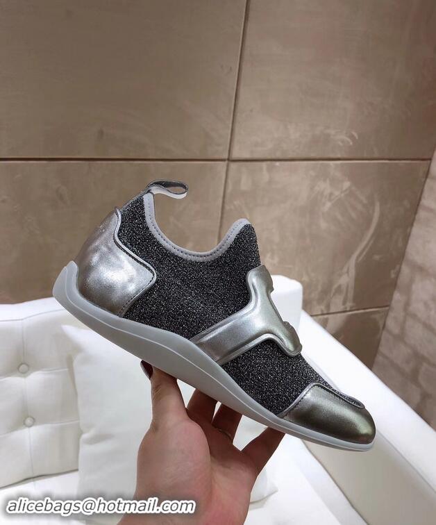 Discount Roger Vivier Sporty Viv' Leather Buckle Sneakers R8407 Glitter Silver Gray 2018