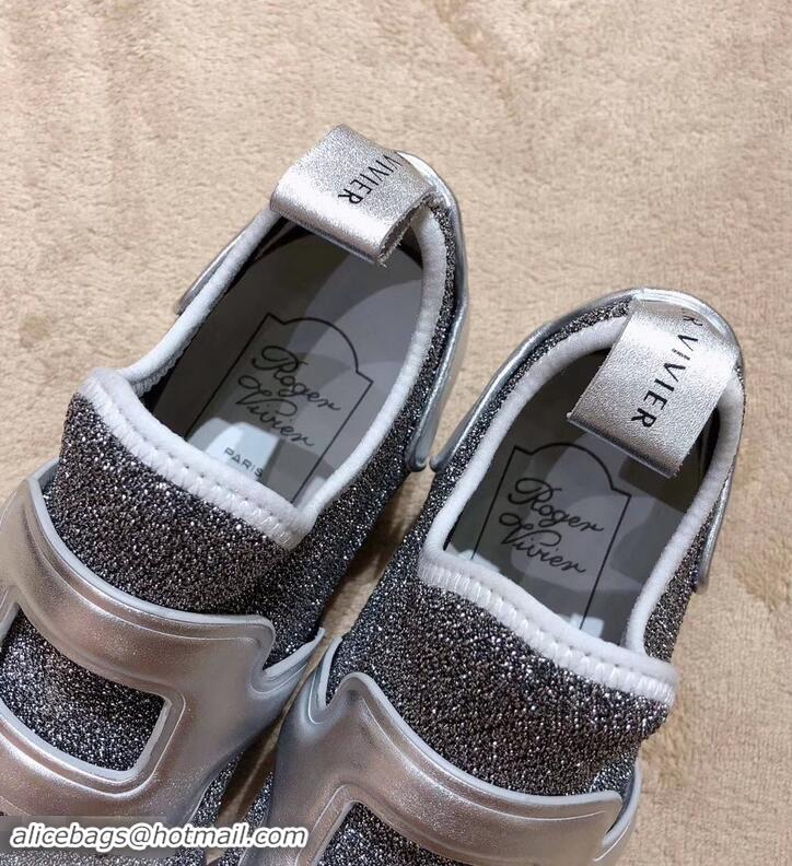 Discount Roger Vivier Sporty Viv' Leather Buckle Sneakers R8407 Glitter Silver Gray 2018