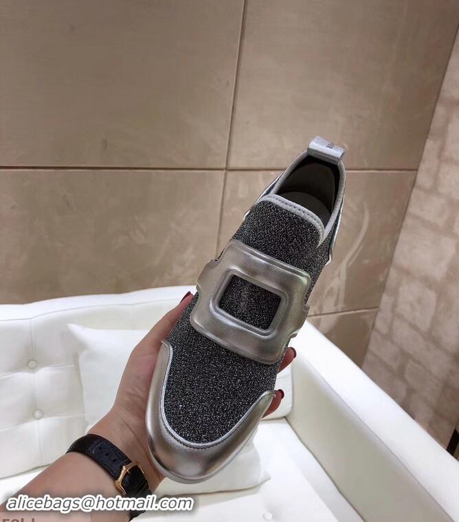 Discount Roger Vivier Sporty Viv' Leather Buckle Sneakers R8407 Glitter Silver Gray 2018