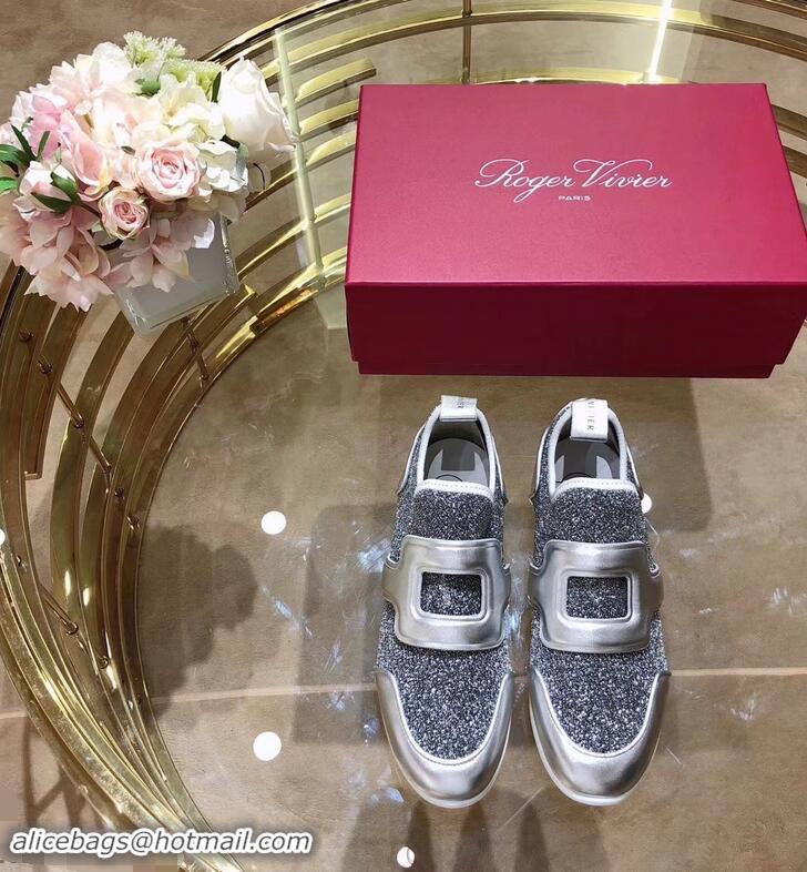 Discount Roger Vivier Sporty Viv' Leather Buckle Sneakers R8407 Glitter Silver Gray 2018