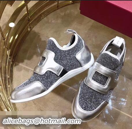 Discount Roger Vivier Sporty Viv' Leather Buckle Sneakers R8407 Glitter Silver Gray 2018