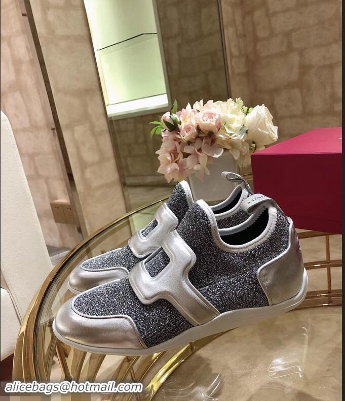 Discount Roger Vivier Sporty Viv' Leather Buckle Sneakers R8407 Glitter Silver Gray 2018