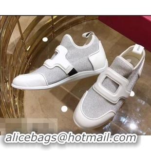 Duplicate Roger Vivier Sporty Viv' Leather Buckle Sneakers R8409 Glitter Silver 2018