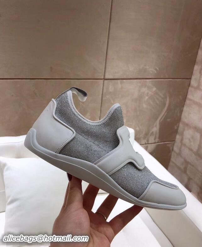 Duplicate Roger Vivier Sporty Viv' Leather Buckle Sneakers R8409 Glitter Silver 2018