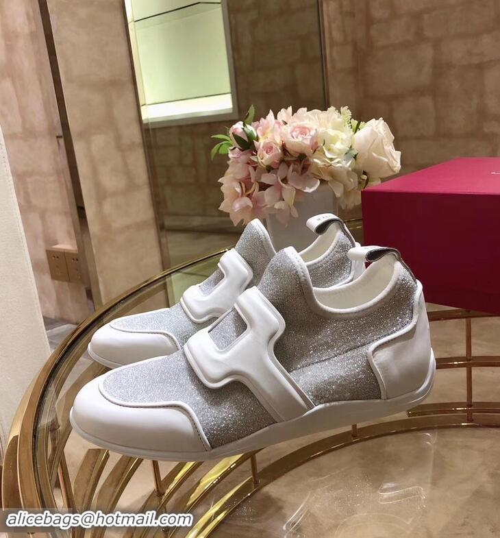 Duplicate Roger Vivier Sporty Viv' Leather Buckle Sneakers R8409 Glitter Silver 2018