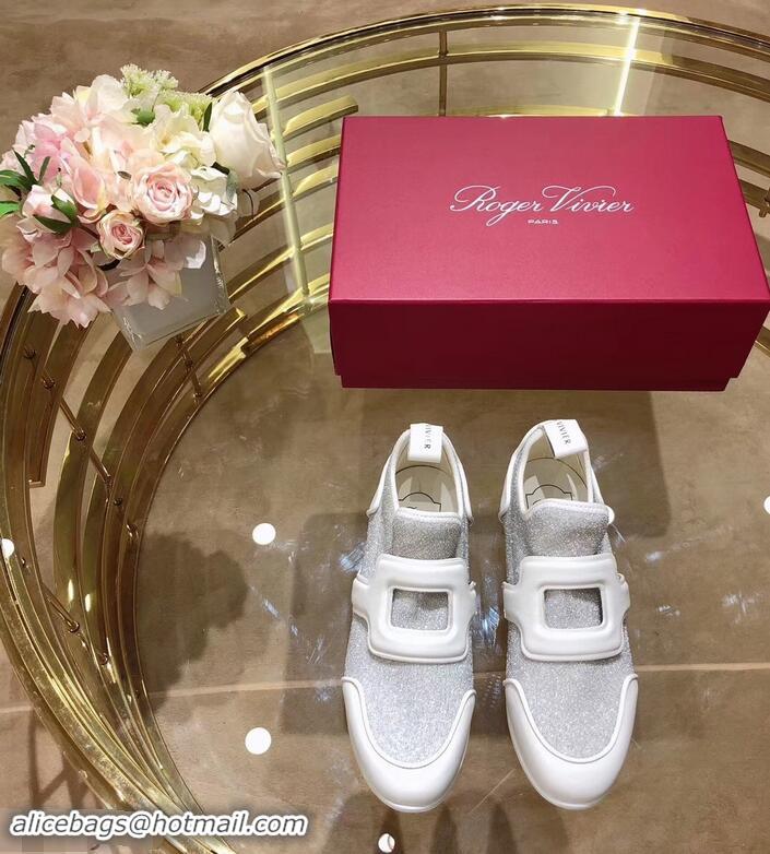 Duplicate Roger Vivier Sporty Viv' Leather Buckle Sneakers R8409 Glitter Silver 2018