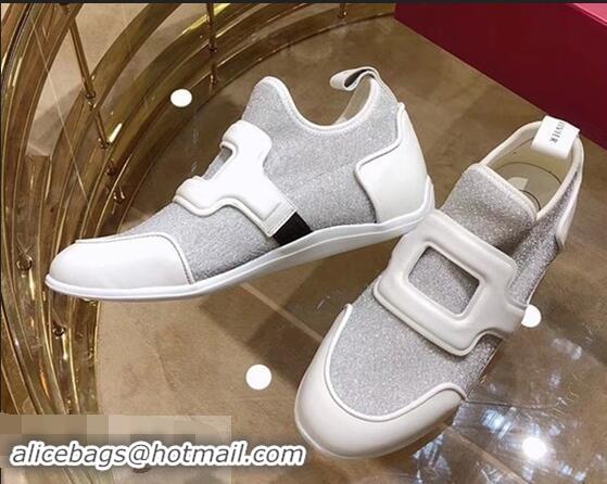 Duplicate Roger Vivier Sporty Viv' Leather Buckle Sneakers R8409 Glitter Silver 2018