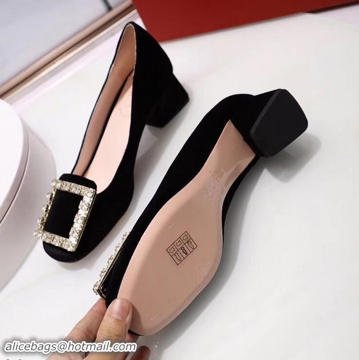 Imitation Roger Vivier Velvet Heel 4.5cm Très Vivier Strass Buckle Pumps R8601 Black 2018