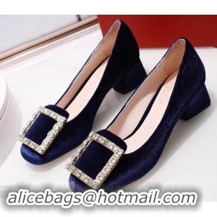 Luxurious Roger Vivier Velvet Heel 4.5cm Très Vivier Strass Buckle Pumps R8601 Blue 2018