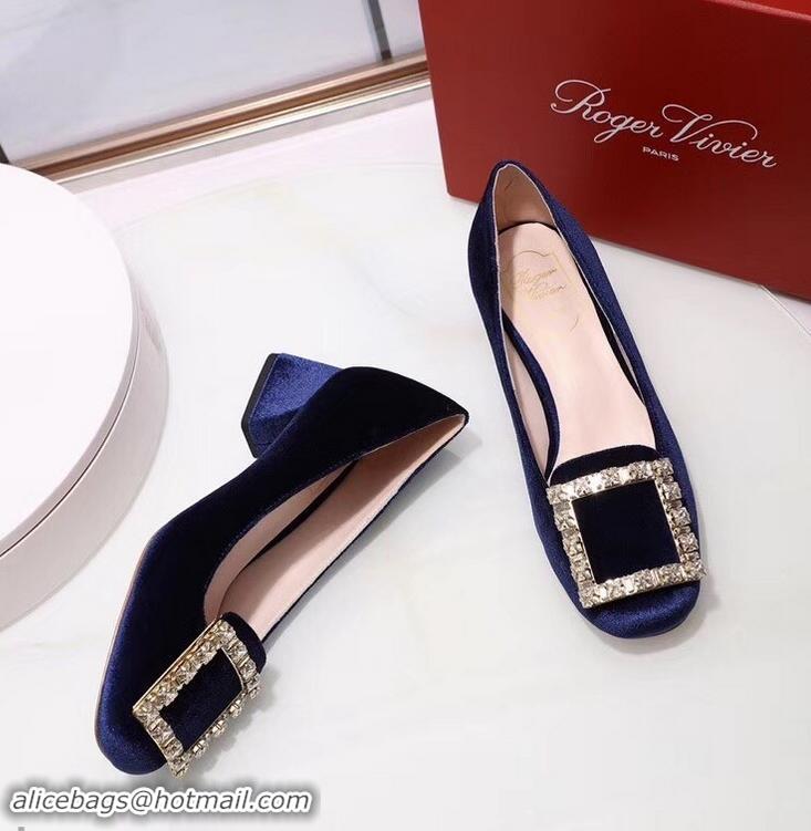 Luxurious Roger Vivier Velvet Heel 4.5cm Très Vivier Strass Buckle Pumps R8601 Blue 2018