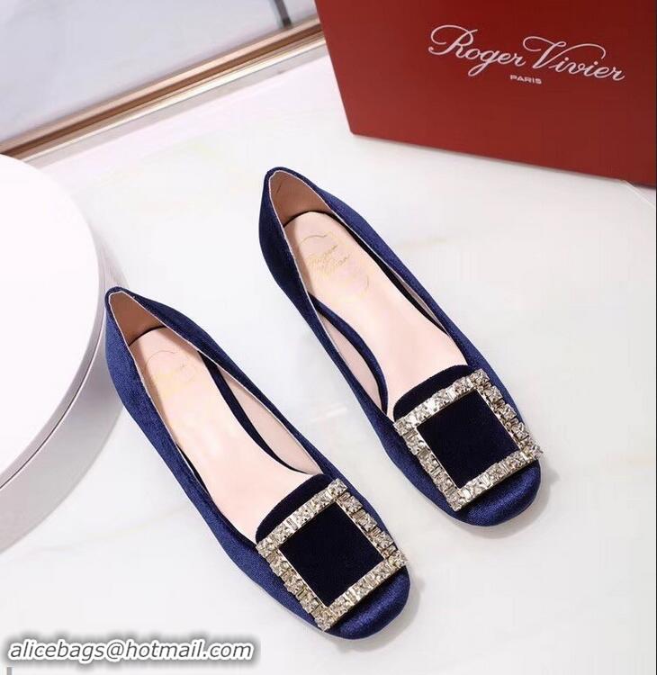 Luxurious Roger Vivier Velvet Heel 4.5cm Très Vivier Strass Buckle Pumps R8601 Blue 2018