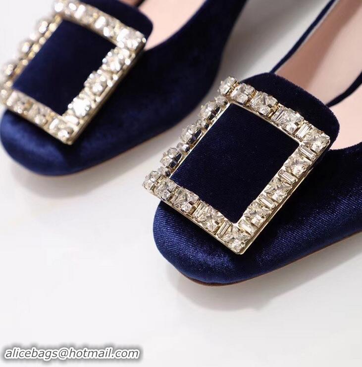 Luxurious Roger Vivier Velvet Heel 4.5cm Très Vivier Strass Buckle Pumps R8601 Blue 2018