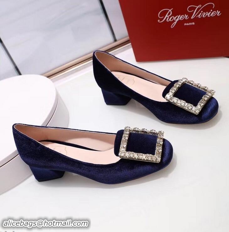 Luxurious Roger Vivier Velvet Heel 4.5cm Très Vivier Strass Buckle Pumps R8601 Blue 2018