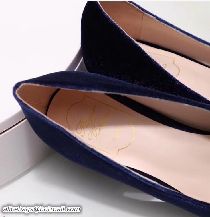 Luxurious Roger Vivier Velvet Heel 4.5cm Très Vivier Strass Buckle Pumps R8601 Blue 2018