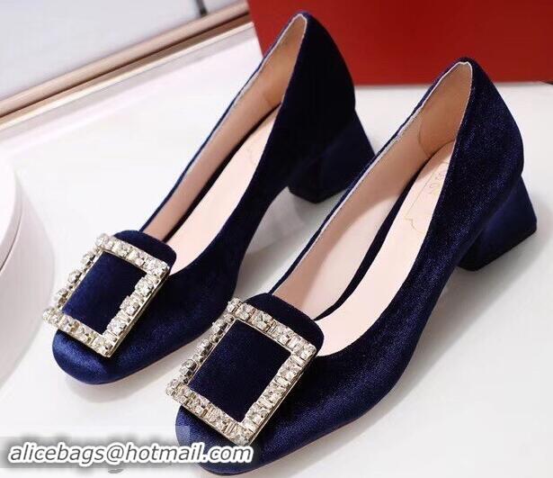 Luxurious Roger Vivier Velvet Heel 4.5cm Très Vivier Strass Buckle Pumps R8601 Blue 2018