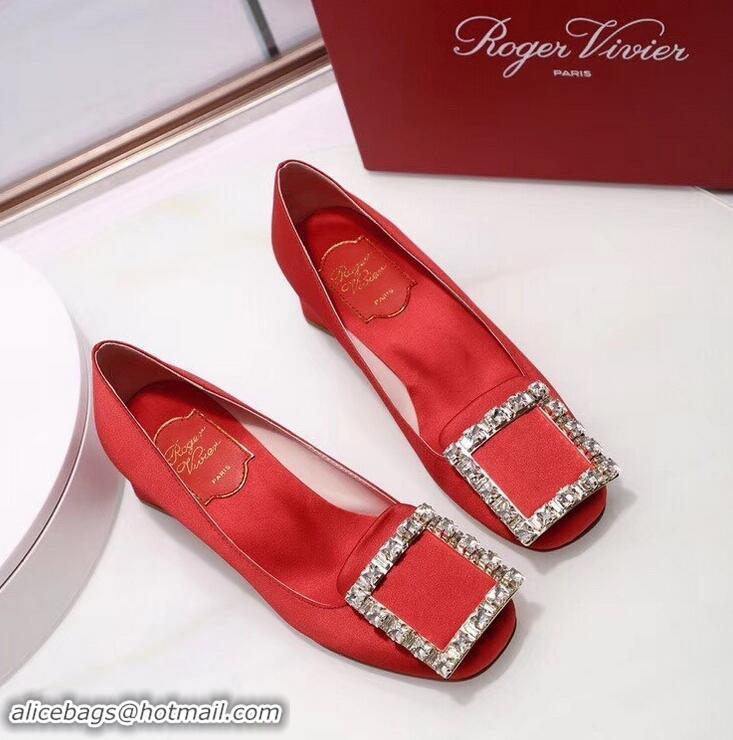 Discount Roger Vivier Velvet Heel 4.5cm Très Vivier Strass Buckle Pumps R8601 Red 2018