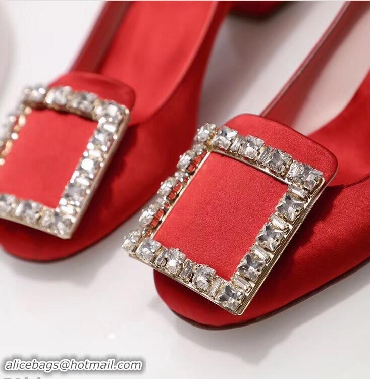 Discount Roger Vivier Velvet Heel 4.5cm Très Vivier Strass Buckle Pumps R8601 Red 2018