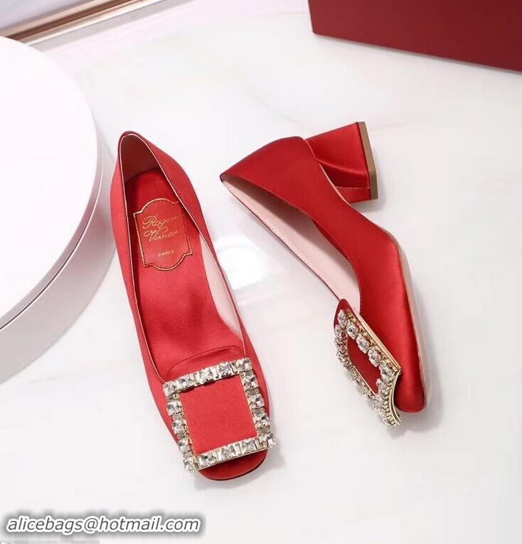 Discount Roger Vivier Velvet Heel 4.5cm Très Vivier Strass Buckle Pumps R8601 Red 2018