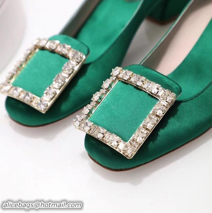 Low Cost Roger Vivier Velvet Heel 4.5cm Très Vivier Strass Buckle Pumps R8601 Green 2018