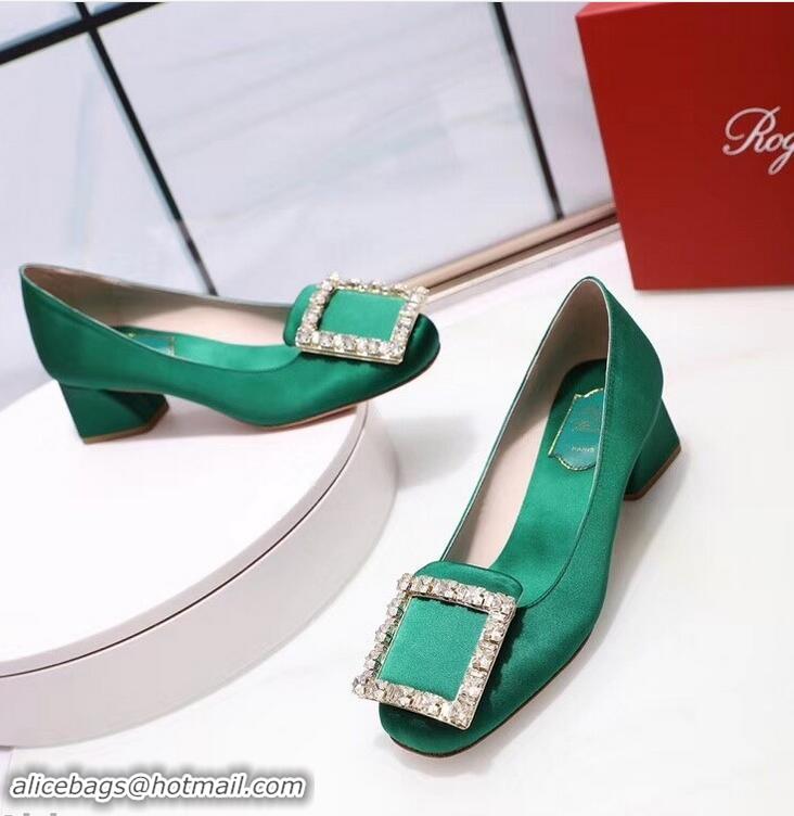 Low Cost Roger Vivier Velvet Heel 4.5cm Très Vivier Strass Buckle Pumps R8601 Green 2018