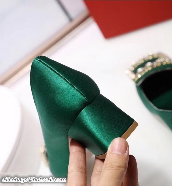 Low Cost Roger Vivier Velvet Heel 4.5cm Très Vivier Strass Buckle Pumps R8601 Green 2018