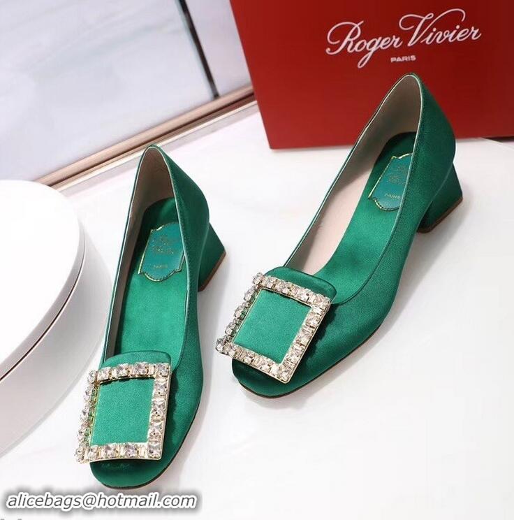 Low Cost Roger Vivier Velvet Heel 4.5cm Très Vivier Strass Buckle Pumps R8601 Green 2018