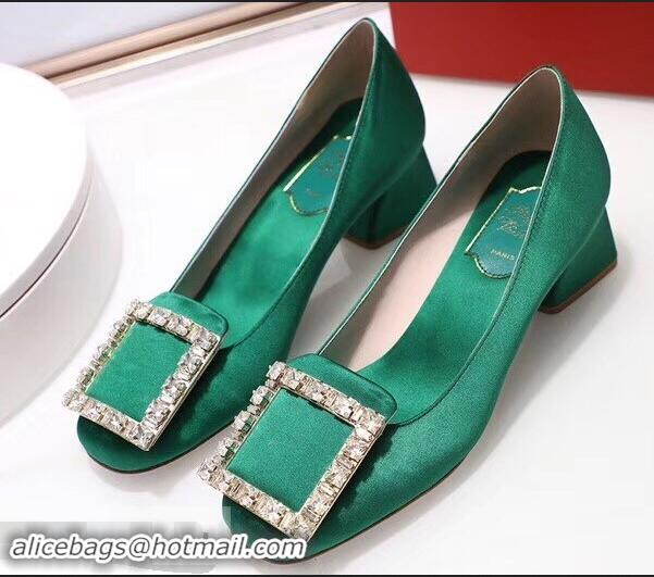 Low Cost Roger Vivier Velvet Heel 4.5cm Très Vivier Strass Buckle Pumps R8601 Green 2018