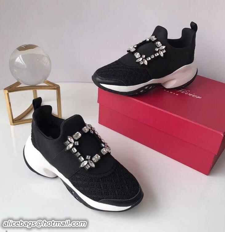 New Design Roger Vivier Viv' Run Sneakers R9705 Black Strass Buckle 2019