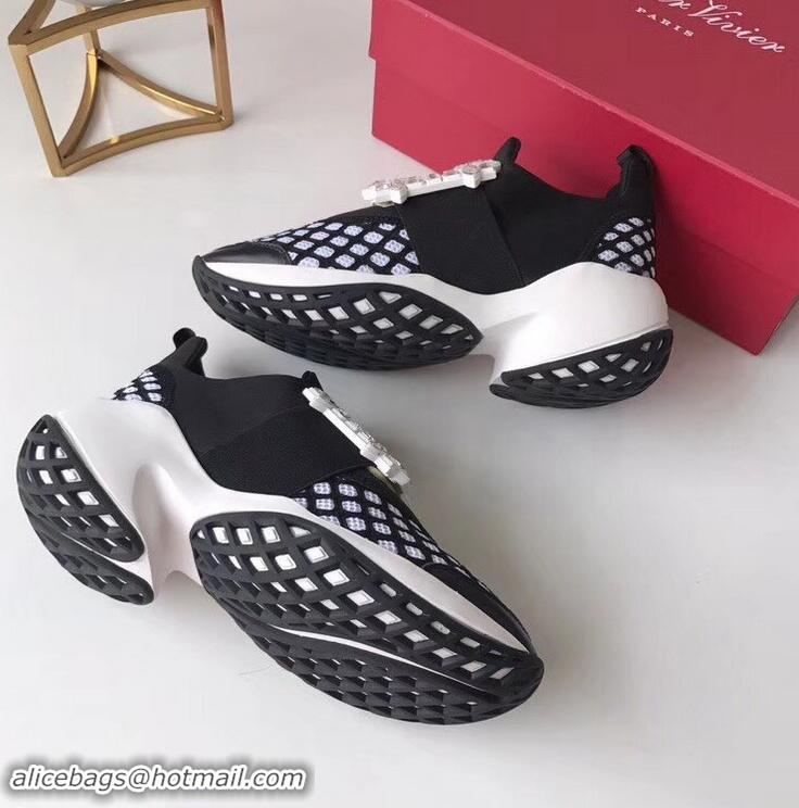 Imitation Roger Vivier Viv' Run Sneakers R9708 Black/White Strass Buckle 2019