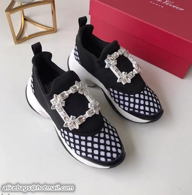 Imitation Roger Vivier Viv' Run Sneakers R9708 Black/White Strass Buckle 2019