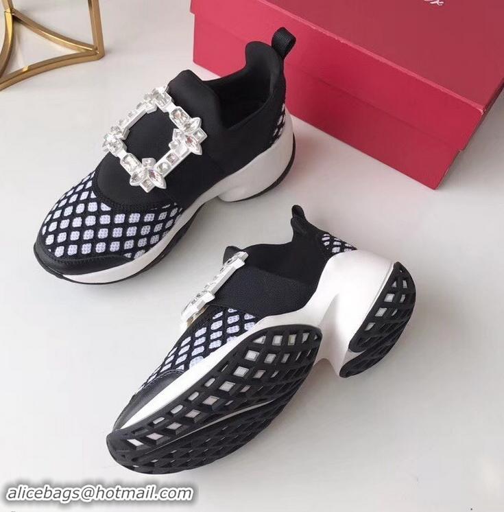 Imitation Roger Vivier Viv' Run Sneakers R9708 Black/White Strass Buckle 2019