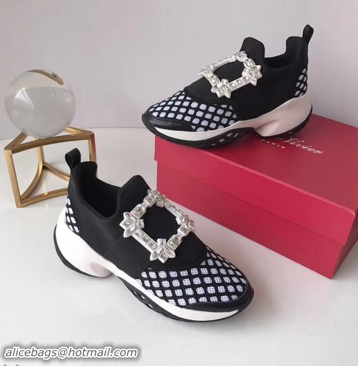 Imitation Roger Vivier Viv' Run Sneakers R9708 Black/White Strass Buckle 2019