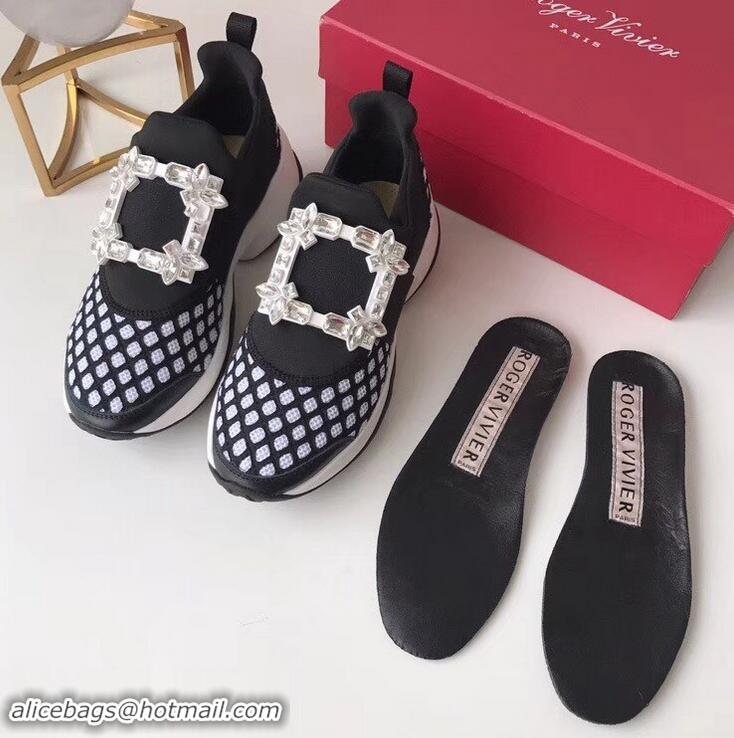 Imitation Roger Vivier Viv' Run Sneakers R9708 Black/White Strass Buckle 2019