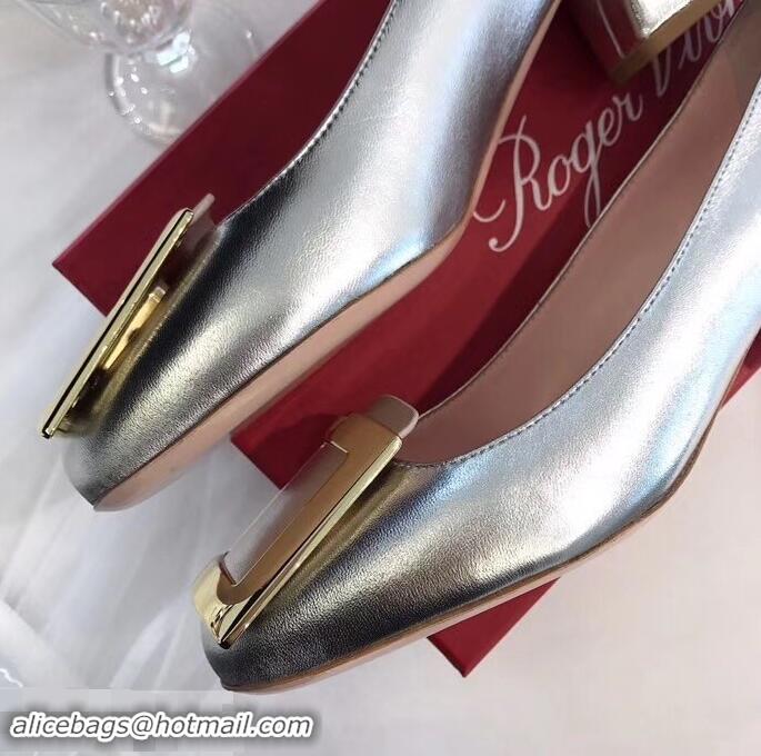 Faux Roger Vivier Heel 4.5cm Calfskin Metal Buckle Pumps R8998 Silver 2019