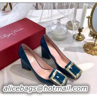 Discount Roger Vivier Heel 8.5cm Patent Leather metal Buckle Pumps R8904 Blue 2019