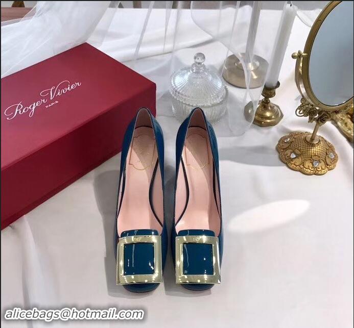 Discount Roger Vivier Heel 8.5cm Patent Leather metal Buckle Pumps R8904 Blue 2019