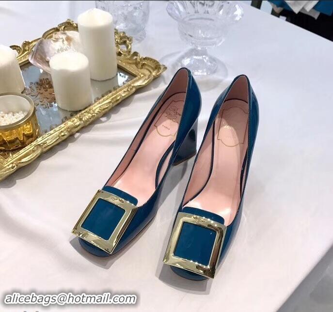 Discount Roger Vivier Heel 8.5cm Patent Leather metal Buckle Pumps R8904 Blue 2019