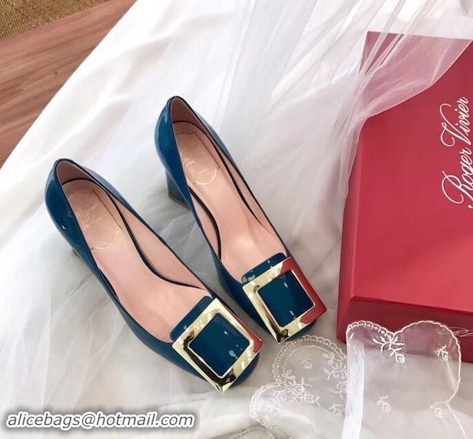 Discount Roger Vivier Heel 8.5cm Patent Leather metal Buckle Pumps R8904 Blue 2019