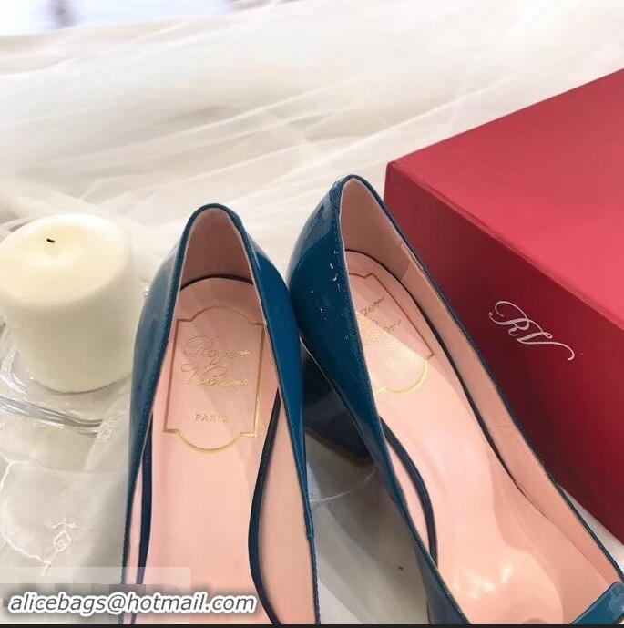 Discount Roger Vivier Heel 8.5cm Patent Leather metal Buckle Pumps R8904 Blue 2019