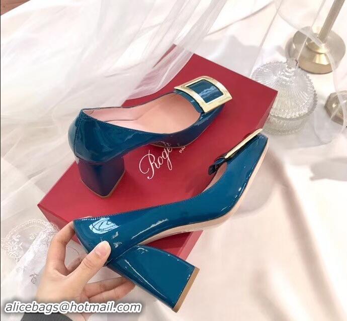 Discount Roger Vivier Heel 8.5cm Patent Leather metal Buckle Pumps R8904 Blue 2019