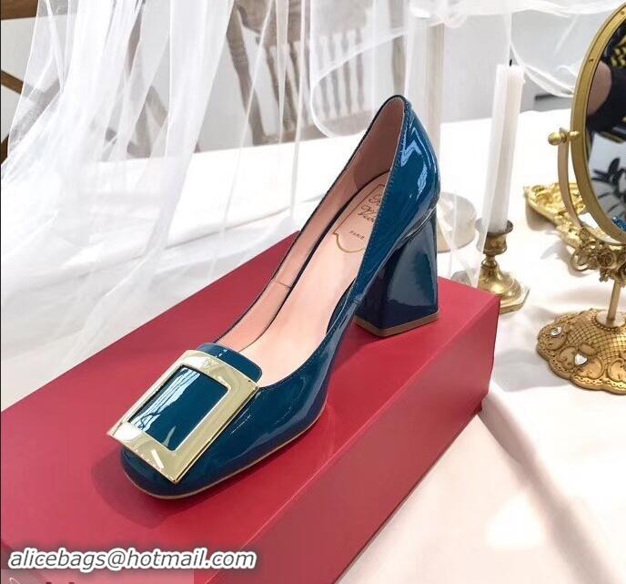 Discount Roger Vivier Heel 8.5cm Patent Leather metal Buckle Pumps R8904 Blue 2019