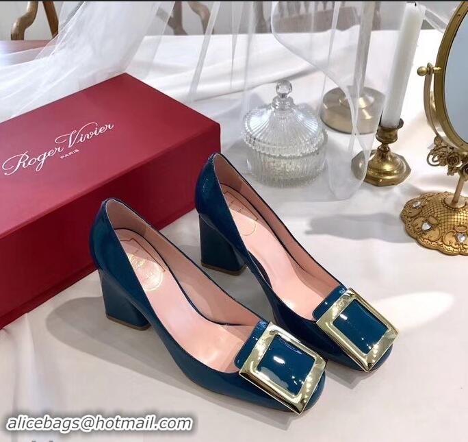 Discount Roger Vivier Heel 8.5cm Patent Leather metal Buckle Pumps R8904 Blue 2019