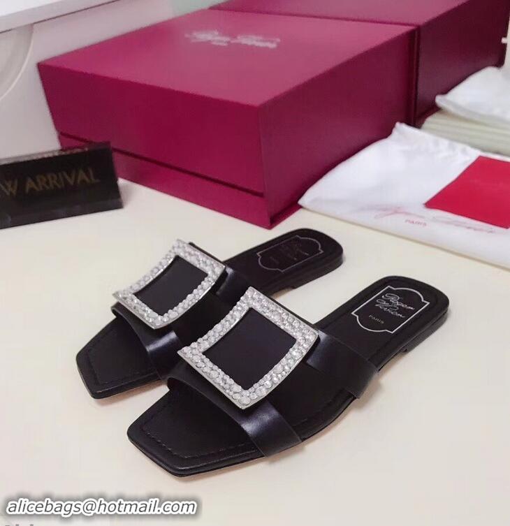 Best Price Roger Vivier Strass Buckle Bikiviv' Flat Mules R9513 Black